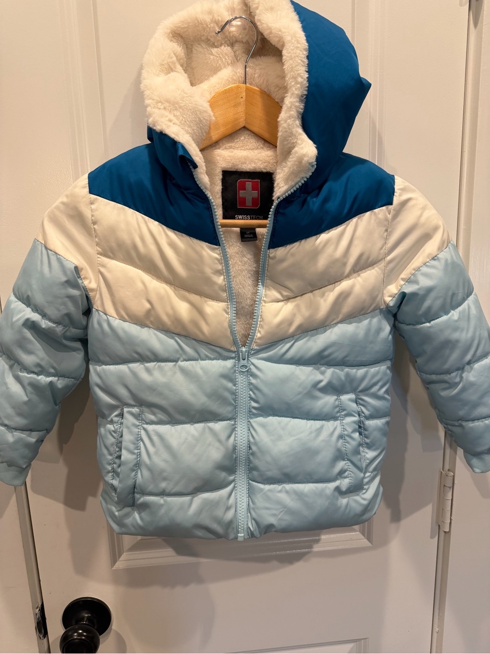 Swiss Tech Kids Blue, Light Blue & White Sherpa-Lined Puffer Jacket with Hood
